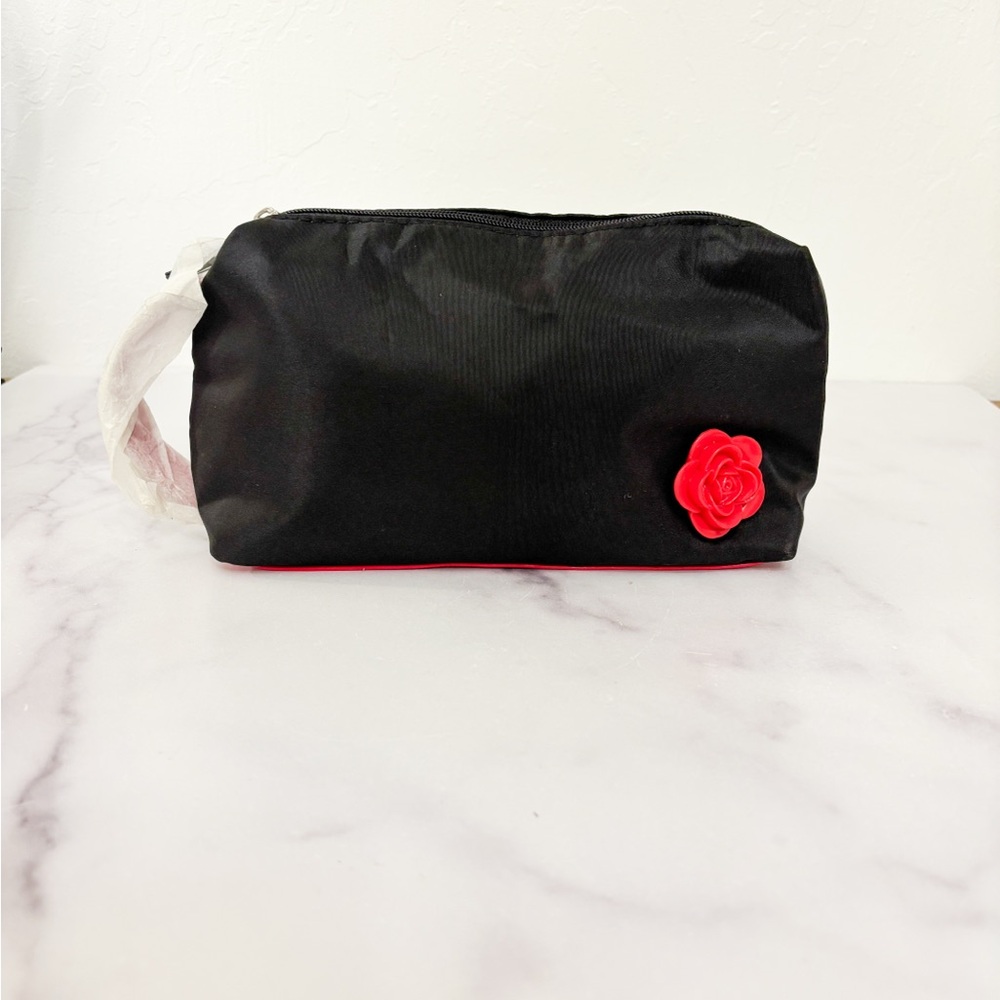 Lancome Black Cosmetic Bag with Red Floral Detail